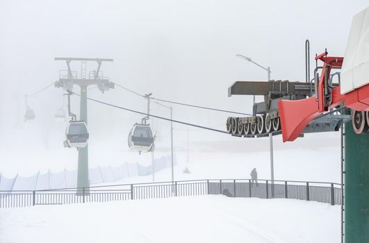 Ropeway on the Barukiani slope for skiing and skiers, Bakuriani, February 2022, Georgia