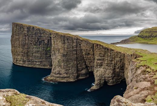 Huge spectacular panorama of Sorvagsvatn lake above the ocean in Vagar island, Faroe Islands