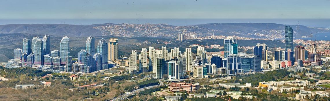 Istanbul, Turkey - April 3, 2017: Skyscrapers in the Maslak. Shooting through the glass. Retro style