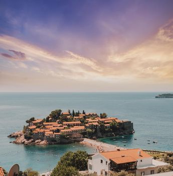 Sveti Stefan is a small isand on Adriatic coast of Montenegro near of Budva. Resort is known commercially as Aman Sveti Stefan. Sveti Stefan, Adriatic sea, Europe. Sveti Stefan peninsula on the Adriatic Sea in Budva, Montenegro