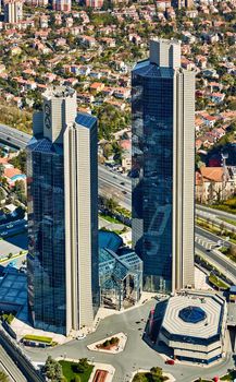 Istanbul, Turkey - April 3, 2017: Arial view the Levent Business District. Shooting through the glass. Retro style