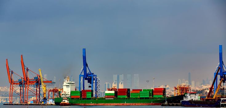 Container ship in import export and business logistic. Trade Port. Shipping, cargo to harbor. Water transport. International. Transportation, logistic.