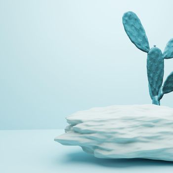 Stone podium and cactus on blue background with copy space 3D render