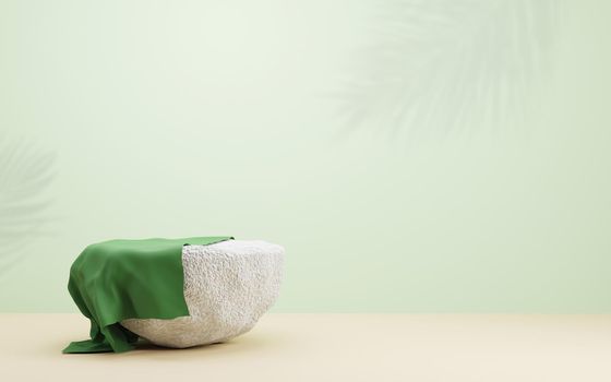 Stone podium and palm leaves shadow on green background with copy space 3D render