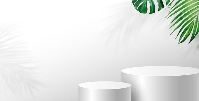 Blank podium and tropical leaves with copy space on white background
