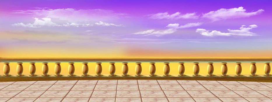 Sunrise view from the paving slab observation deck. Digital Painting Background, Illustration.