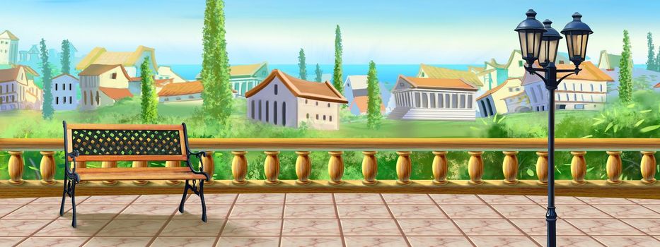 View of the city from the paving slab observation deck with bench and street lamp. Digital Painting Background, Illustration.