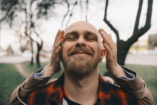 girl closes her lover's eyes from behind. hipster