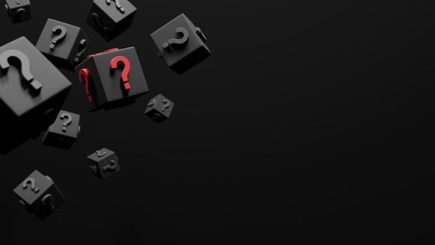 Black cube with sign question mark background with copy space 3D render