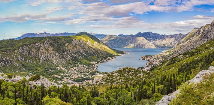 Montenegro. Bay of Kotor, Gulf of Kotor, Boka Kotorska and walled old city. Fortifications of Kotor is on UNESCO World Heritage List since 1979.