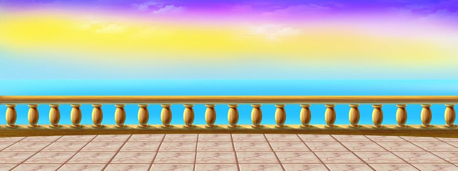 Sunrise view over the sea from the paving slab observation deck. Digital Painting Background, Illustration.