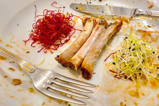 A dirty plate after eating. Bones from meat