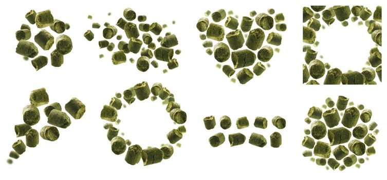 A set of photos. Green granulated hops levitate on a white background.