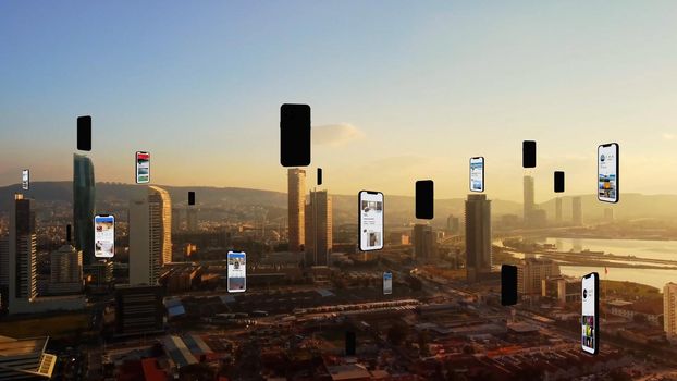 Connected aerial city with several interfaces. Futuristic concept. Augmented reality over Izmir. High quality photo