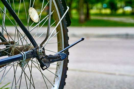 a circular object that revolves on an axle and is fixed below a vehicle or other object to enable it to move easily over the ground.Bicycle rear wheel with brakes