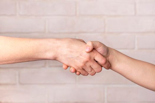 an adult hand shakes a child's hand on a light background. The concept of mutual understanding, friendship.