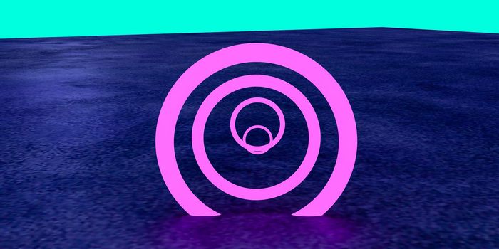 3d render of glowing round neon rings on abstract background