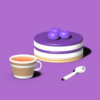 3d fruit cupcake realistic illustration. cake with blueberries, baked dessert, sweet pastry, Home comfort, cup of tea and spoon 3d object on purple background