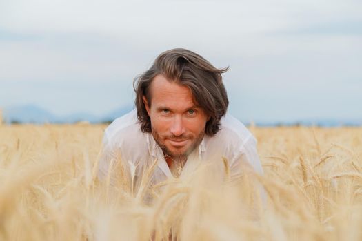 The handsome brutal young man with long brunette hairs poses in the field with wheat, suntanned man, easy beard, sunset light, white shirt, rye field. High quality photo