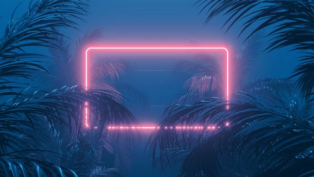 Neon lighting palms and abstract shapes composition.