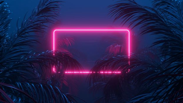 Neon lighting palms and abstract shapes composition.