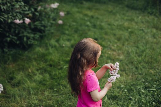 A little cute baby girl in a pink dress in a green park in spring or summer