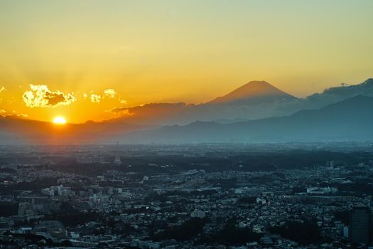 Yokohama cityscape and Mt. Fuji and dusk. Shooting Location: Yokohama-city kanagawa prefecture