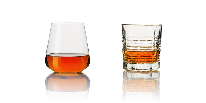 set of whiskey glasses. Collage glasses of whiskey on white background. Banner design