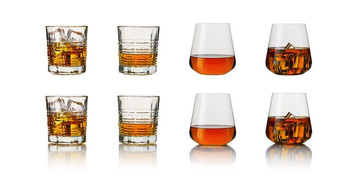 set of whiskey glasses. Collage glasses of whiskey on white background. Banner design
