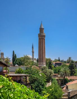 Antalya, Turkey 19.07.2021. Yivli Minare Mosque or Alaaddin Mosque in Antalya, Turkey, on a sunny summer day