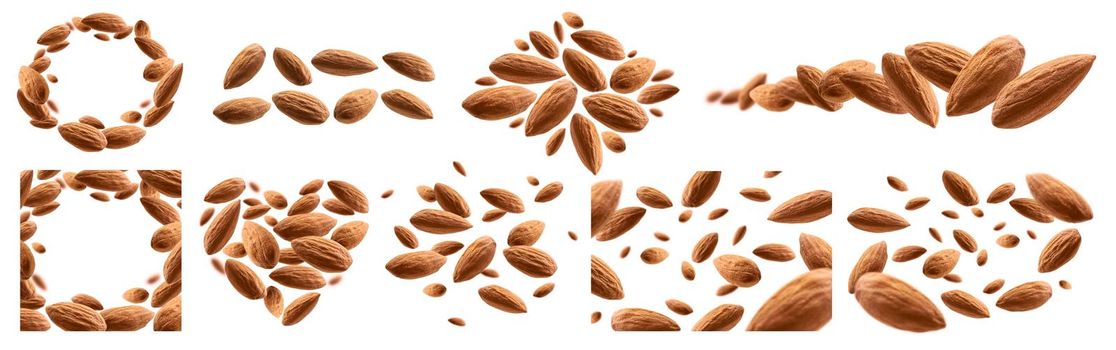 A set of photos. Almond nuts levitate on a white background.