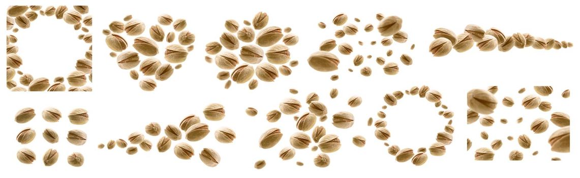 A set of photos. Salted pistachios levitate on a white background.