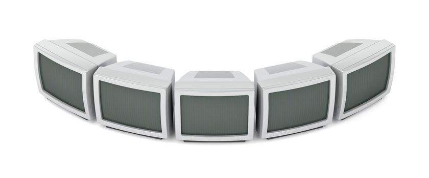 Five retro tv's on white background