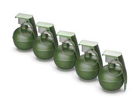 Five hand grenades on white background