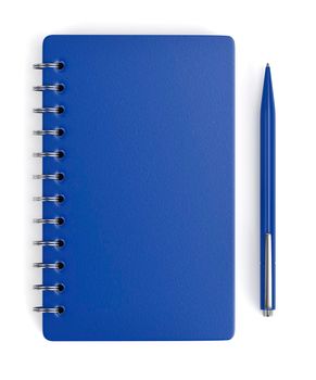 Blue spiral notebook and pen on white background, top view