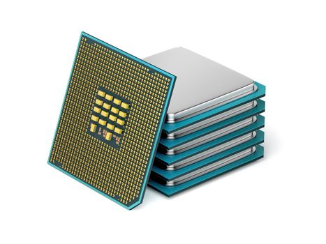 Stack of computer processors on white background