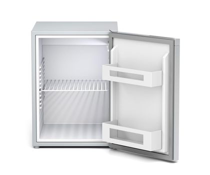 Empty small refrigerator on white background, front view