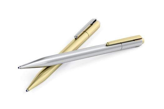 Gold and silver pens on white background