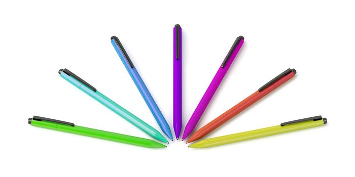 Pens with different colors on white background