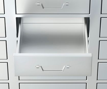 File cabinet with an open drawer, empty inside