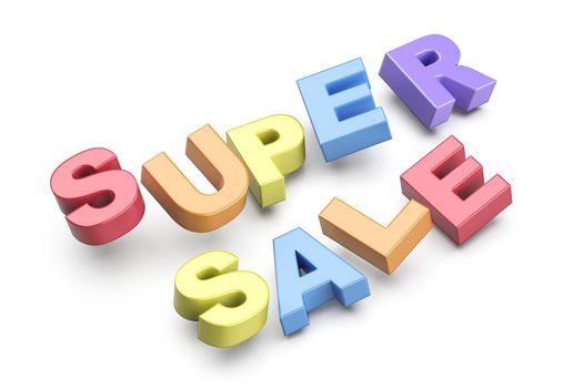 Super sale promo text with colorful letters on white background
