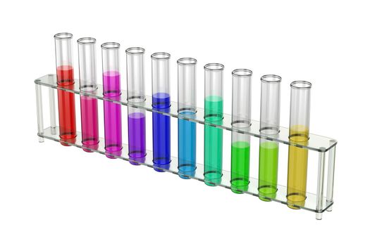 Test tubes with colorful liquids in a rack on white background