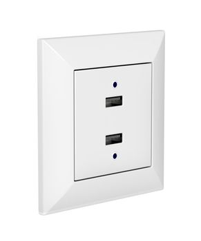White wall socket with two USB ports for charging various types of electronic devices, isolated on white background