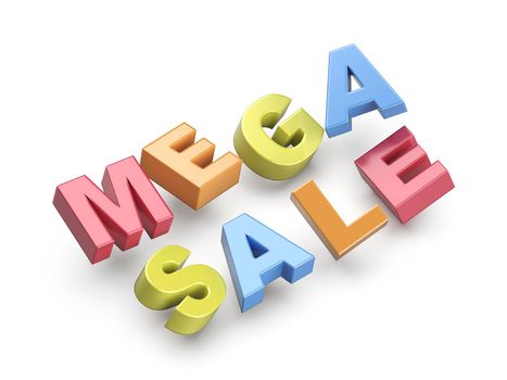 Mega sale promo text with colorful letters on white background