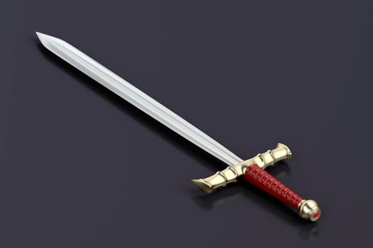 Medieval sword on shiny dark background