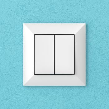 Double light switch on blue wall, front view