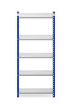 Front view of metal shelving unit on white background