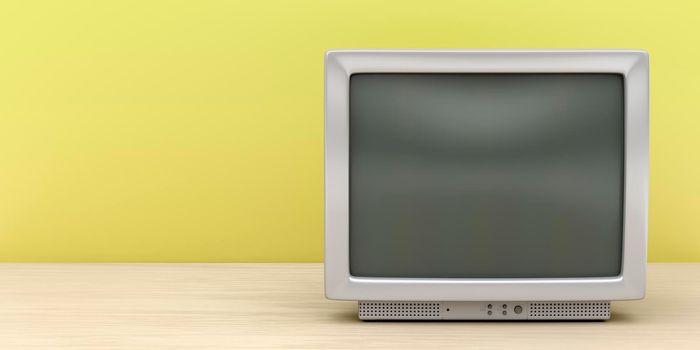 Front view of gray CRT TV on wooden stand