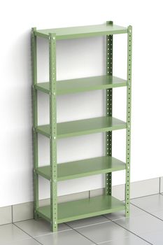Green metal shelf in storage room