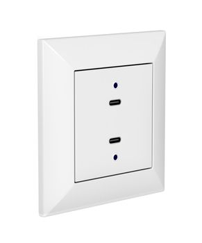 Wall socket with two USB-C charging ports, isolated on white background